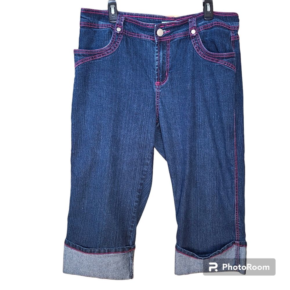 Cato Woman Size 18w Dark Denim Pink Stitched Cuffed Cropped Jeans Euc Y2k
